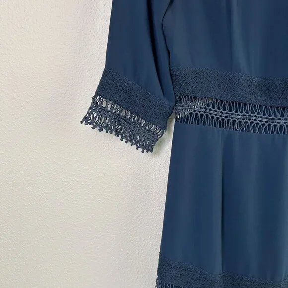 Tularosa Mini Dress Size M Navy Blue Lace Ruffle Trim Lined Elbow Sleeve Zip - Picture 3 of 14